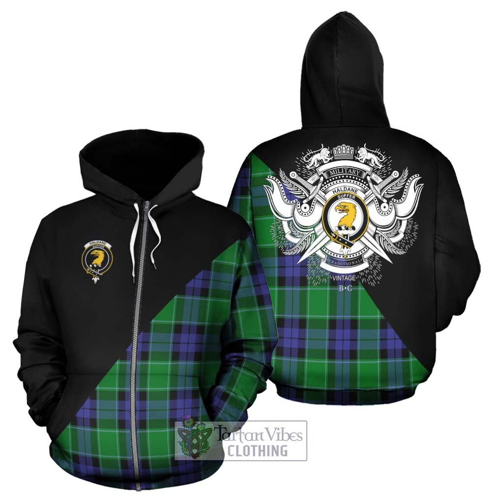 Haldane Tartan Hoodie with Family Crest and Military Logo Style - Tartanvibesclothing Shop