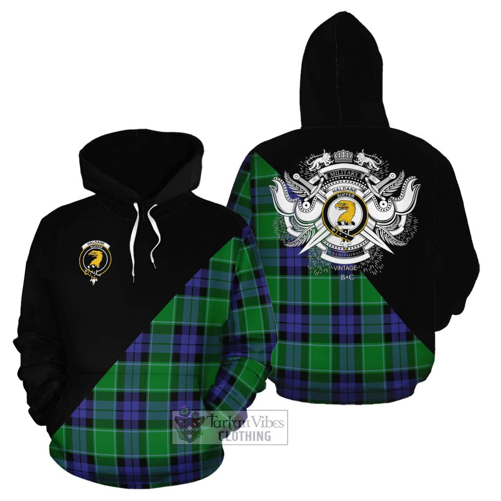 Tartan Vibes Clothing Haldane Tartan Cotton Hoodie with Family Crest and Military Logo Style