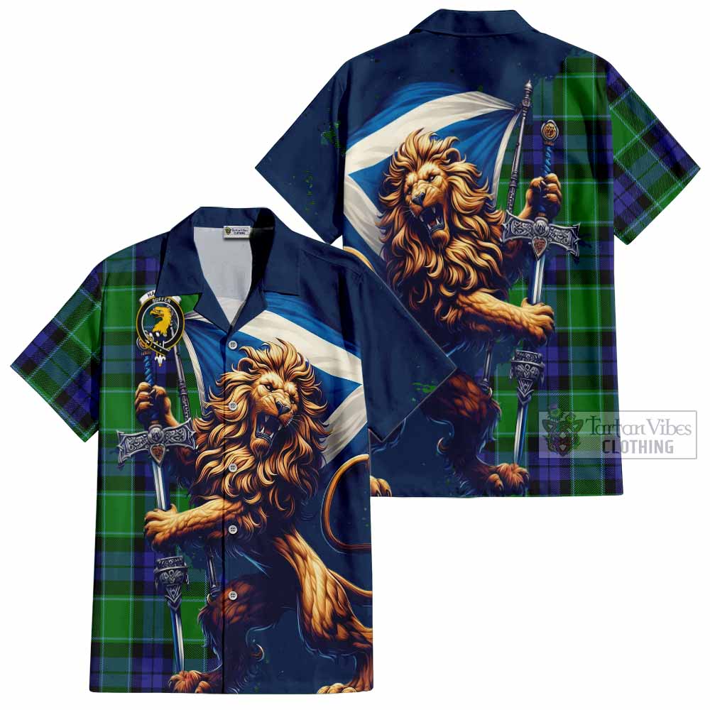 Tartan Vibes Clothing Haldane Tartan Family Crest Short Sleeve Button Shirt with Scottish Majestic Lion