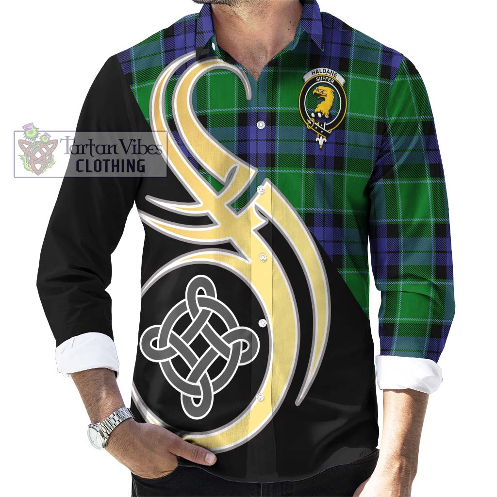 Haldane Tartan Long Sleeve Button Shirt with Family Crest and Celtic Symbol Style - Tartan Vibes Clothing