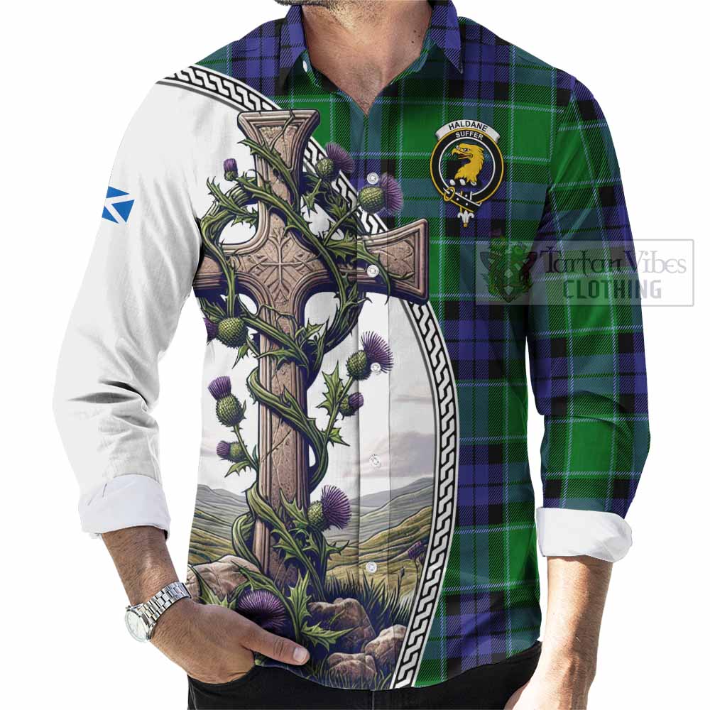 Tartan Vibes Clothing Haldane Tartan Long Sleeve Button Shirt with Family Crest and St. Andrew's Cross Accented by Thistle Vines