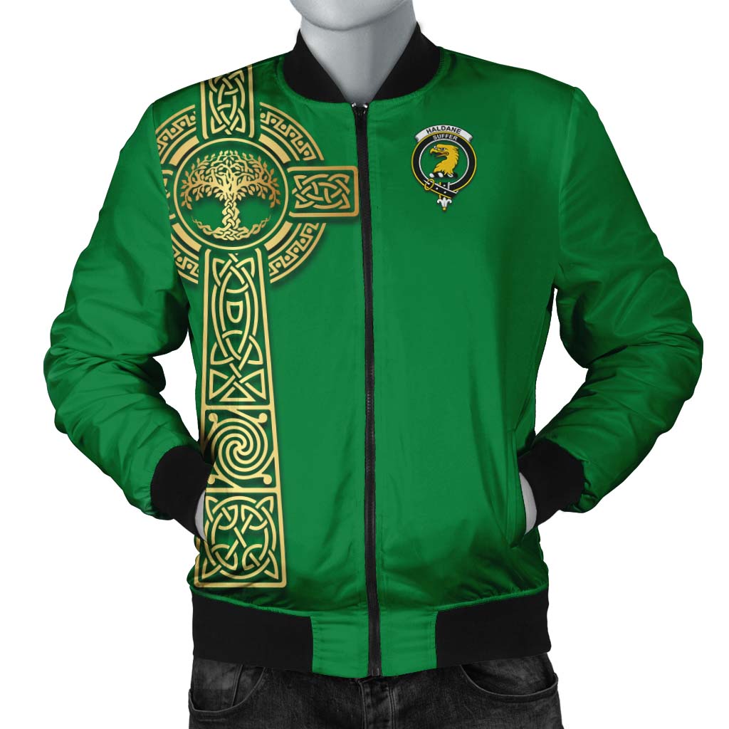 Haldane Clan Bomber Jacket with Golden Celtic Tree Of Life Unisex Irish Green - Tartanvibesclothing