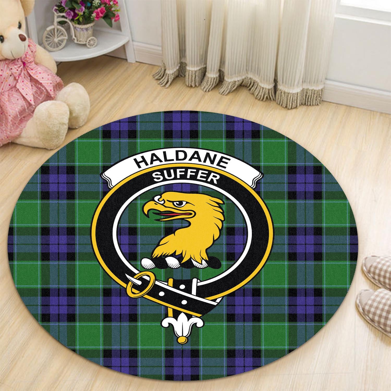 haldane-tartan-round-rug-with-family-crest