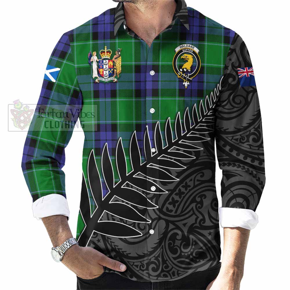 Tartan Vibes Clothing Haldane Crest Tartan Long Sleeve Button Shirt with New Zealand Silver Fern Half Style