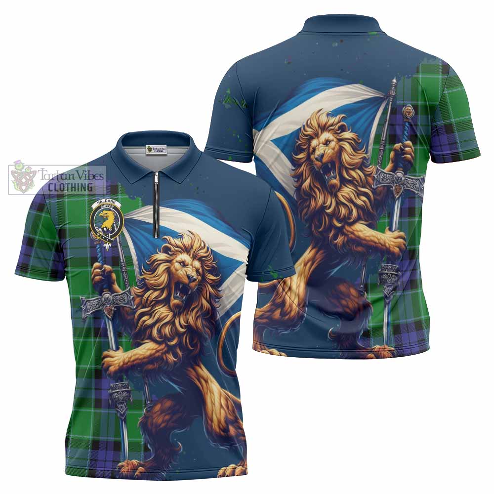 Tartan Vibes Clothing Haldane Tartan Family Crest Zipper Polo Shirt with Scottish Majestic Lion