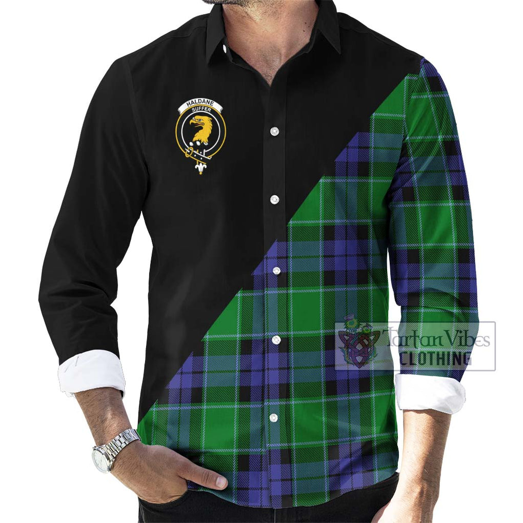 Haldane Tartan Long Sleeve Button Shirt with Family Crest and Military Logo Style - Tartanvibesclothing Shop