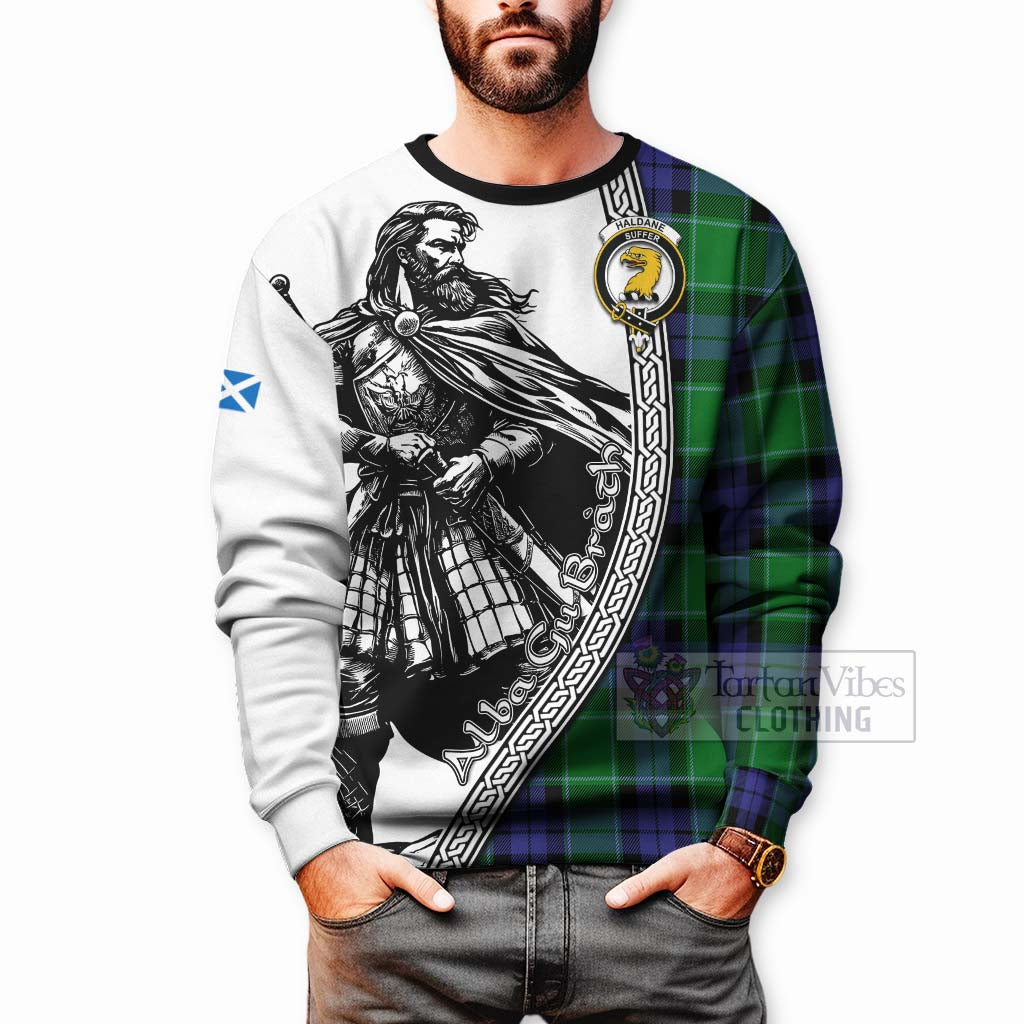 Tartan Vibes Clothing Haldane Tartan Clan Crest Sweatshirt with Highlander Warrior Celtic Style