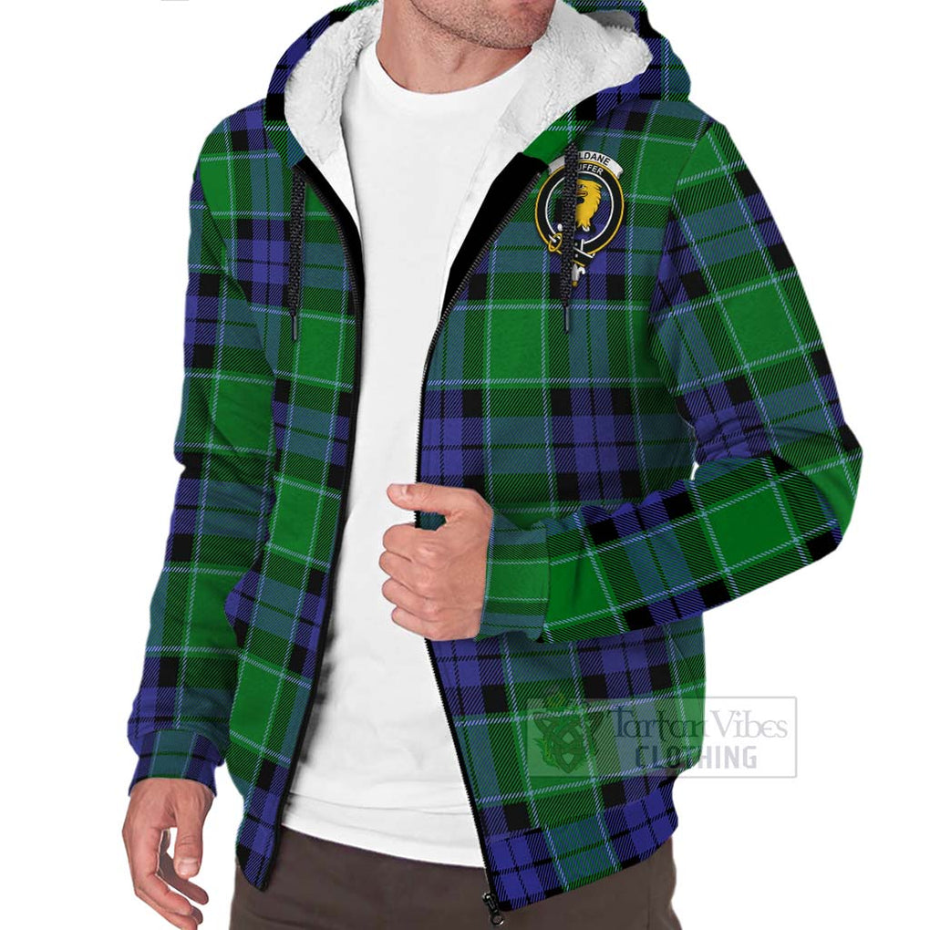 Tartan Vibes Clothing Haldane Tartan Sherpa Hoodie with Family Crest and Bearded Skull Holding Bottles of Whiskey