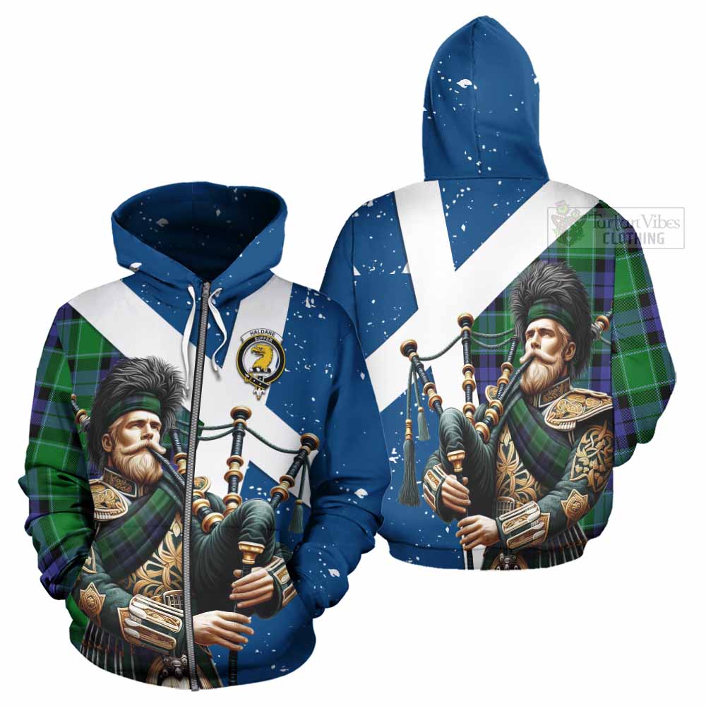 Tartan Vibes Clothing Haldane Tartan Hoodie with Family Crest Scottish Bagpiper Vibes