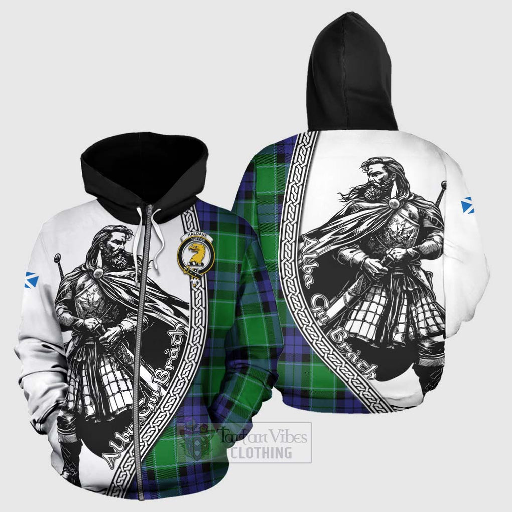 Tartan Vibes Clothing Haldane Tartan Clan Crest Hoodie with Highlander Warrior Celtic Style