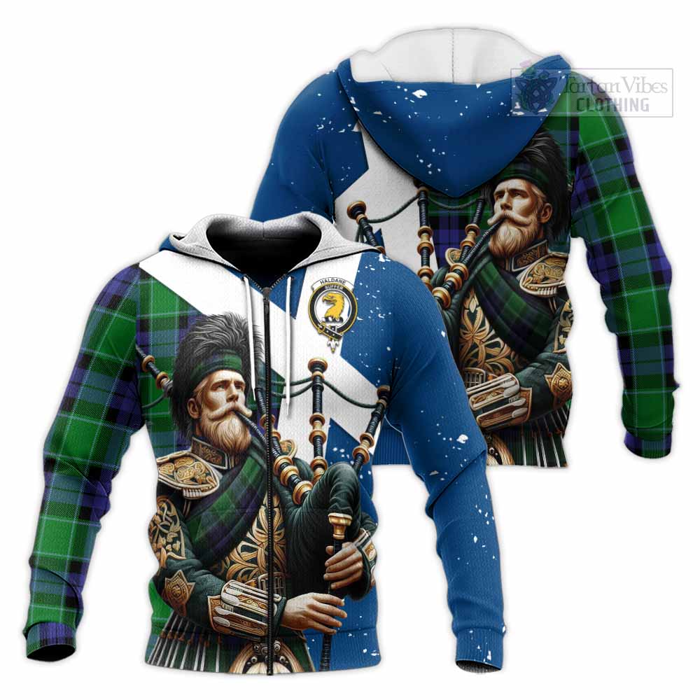 Tartan Vibes Clothing Haldane Tartan Knitted Hoodie with Family Crest Scottish Bagpiper Vibes