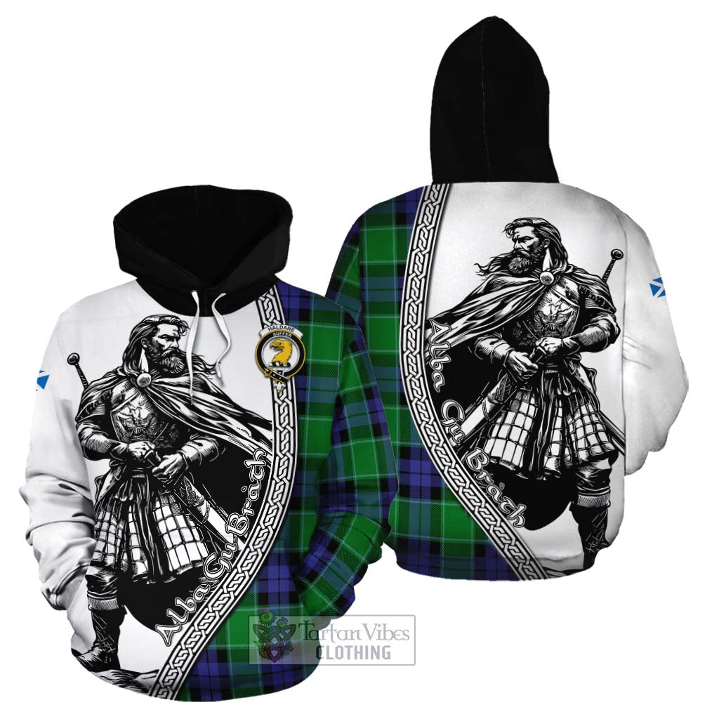 Tartan Vibes Clothing Haldane Tartan Clan Crest Cotton Hoodie with Highlander Warrior Celtic Style