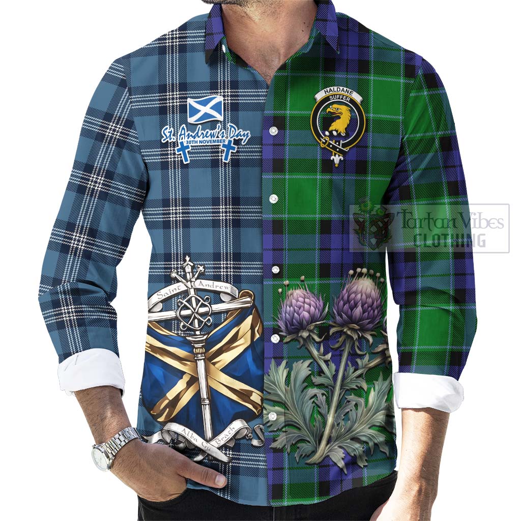 Tartan Vibes Clothing Haldane Tartan Long Sleeve Button Shirt Happy St. Andrew's Day Half Tartan Style