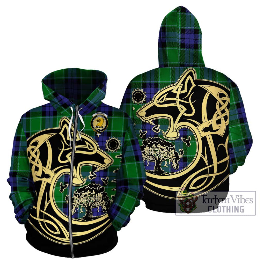 Haldane Tartan Hoodie with Family Crest Celtic Wolf Style - Tartan Vibes Clothing