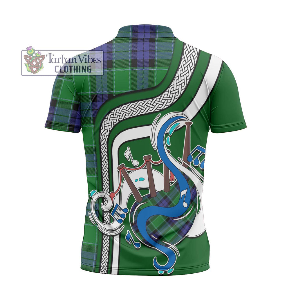 Haldane Tartan Zipper Polo Shirt with Epic Bagpipe Style - Tartanvibesclothing Shop