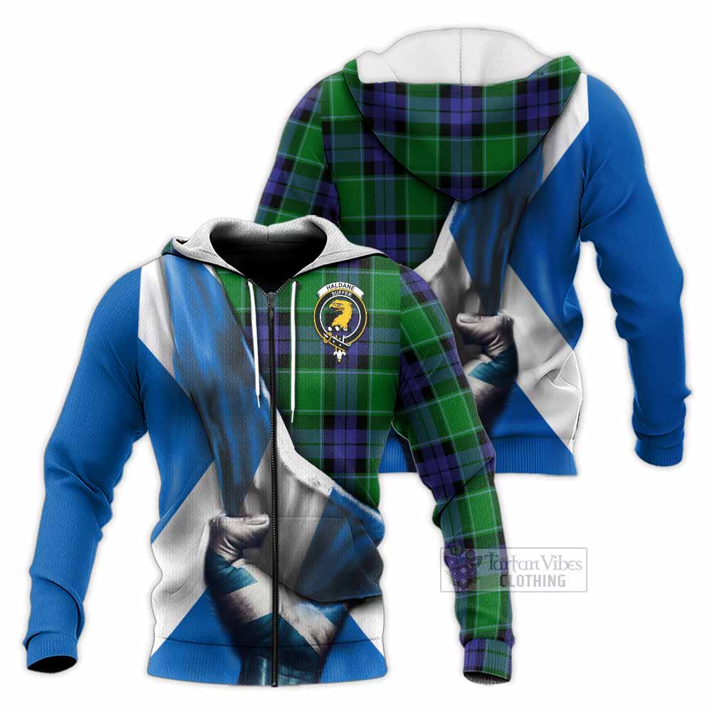 Tartan Vibes Clothing Haldane Tartan Knitted Hoodie with Family Crest Scotland Patriotic Style