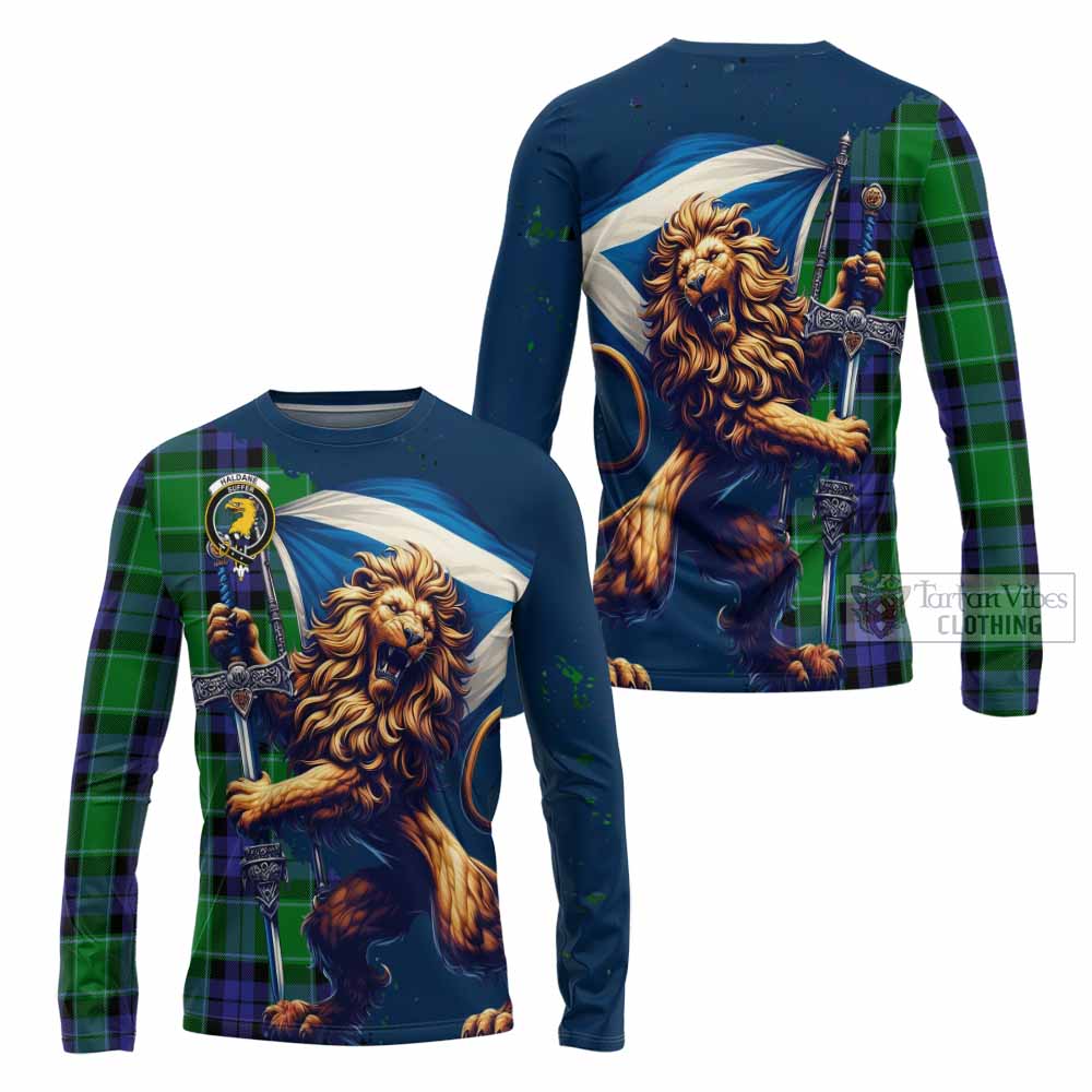 Tartan Vibes Clothing Haldane Tartan Family Crest Long Sleeve T-Shirt with Scottish Majestic Lion