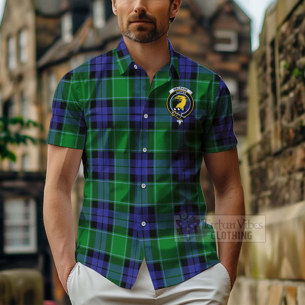 Tartan Vibes Clothing Haldane Tartan Short Sleeve Button Shirt with Family Crest Celtic Skull Style