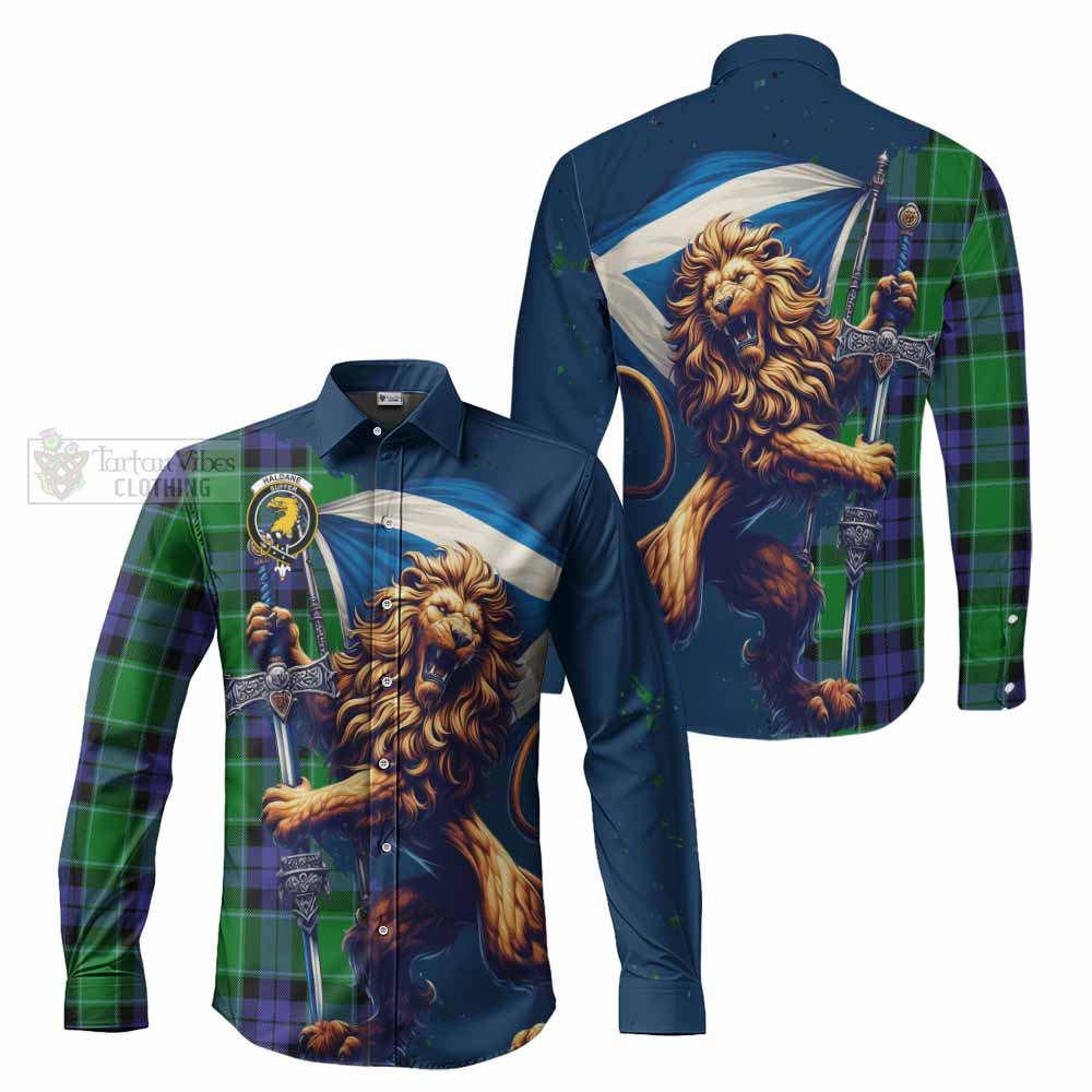 Tartan Vibes Clothing Haldane Tartan Family Crest Long Sleeve Button Shirt with Scottish Majestic Lion