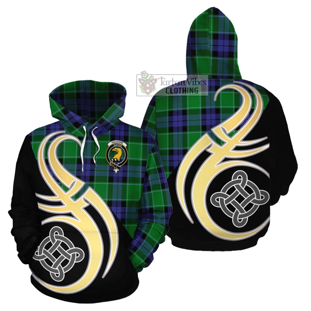 Tartan Vibes Clothing Haldane Tartan Cotton Hoodie with Family Crest and Celtic Symbol Style