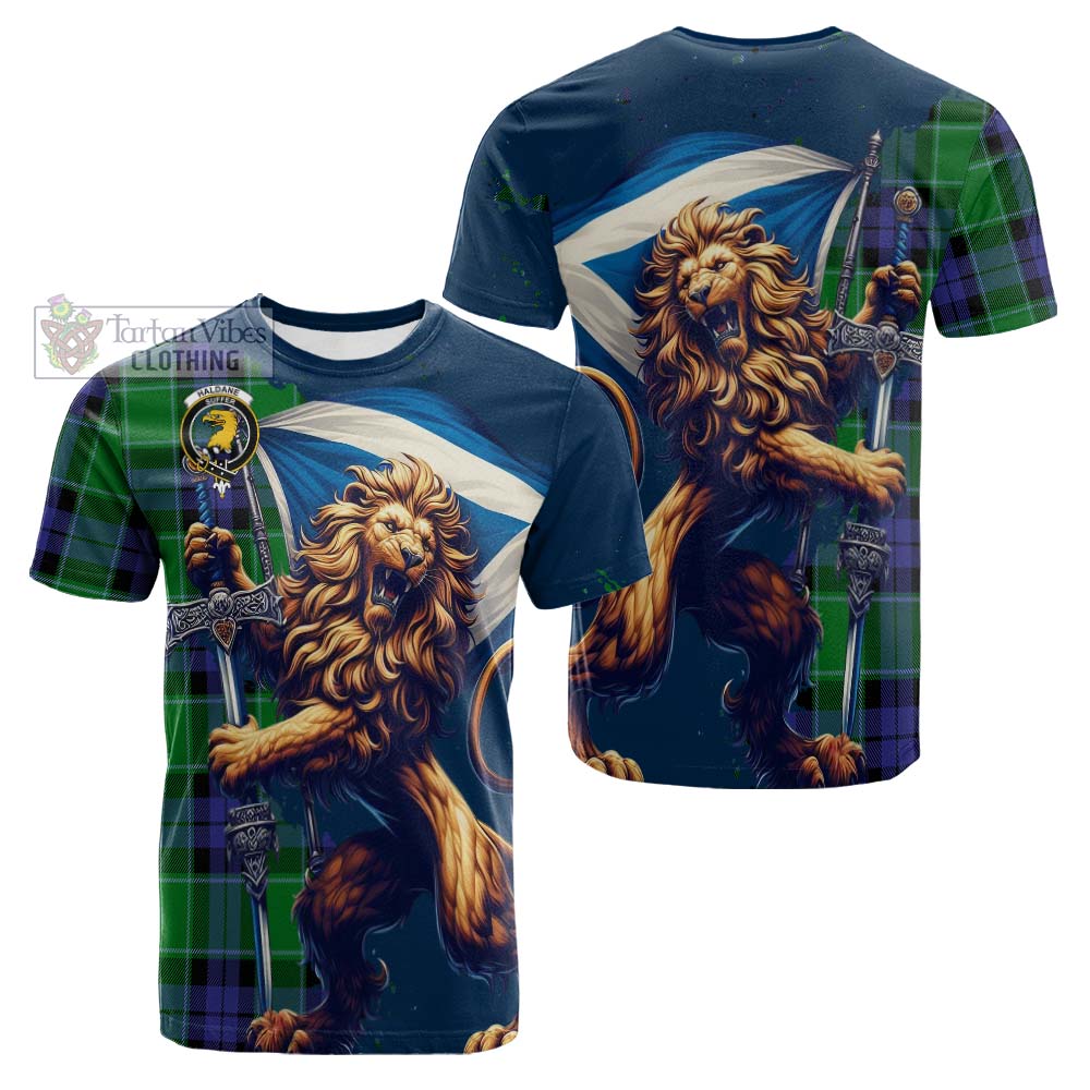 Tartan Vibes Clothing Haldane Tartan Family Crest Cotton T-shirt with Scottish Majestic Lion