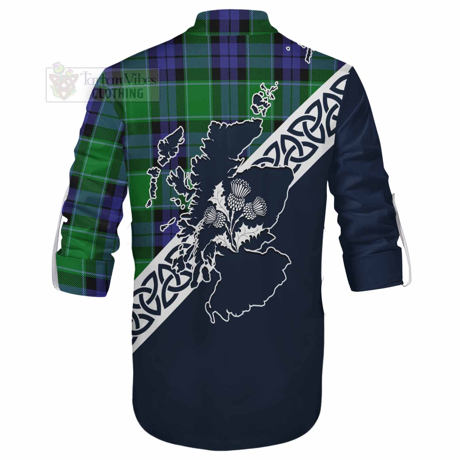 Tartan Vibes Clothing Haldane Tartan Ghillie Kilt Shirt Featuring Thistle and Scotland Map