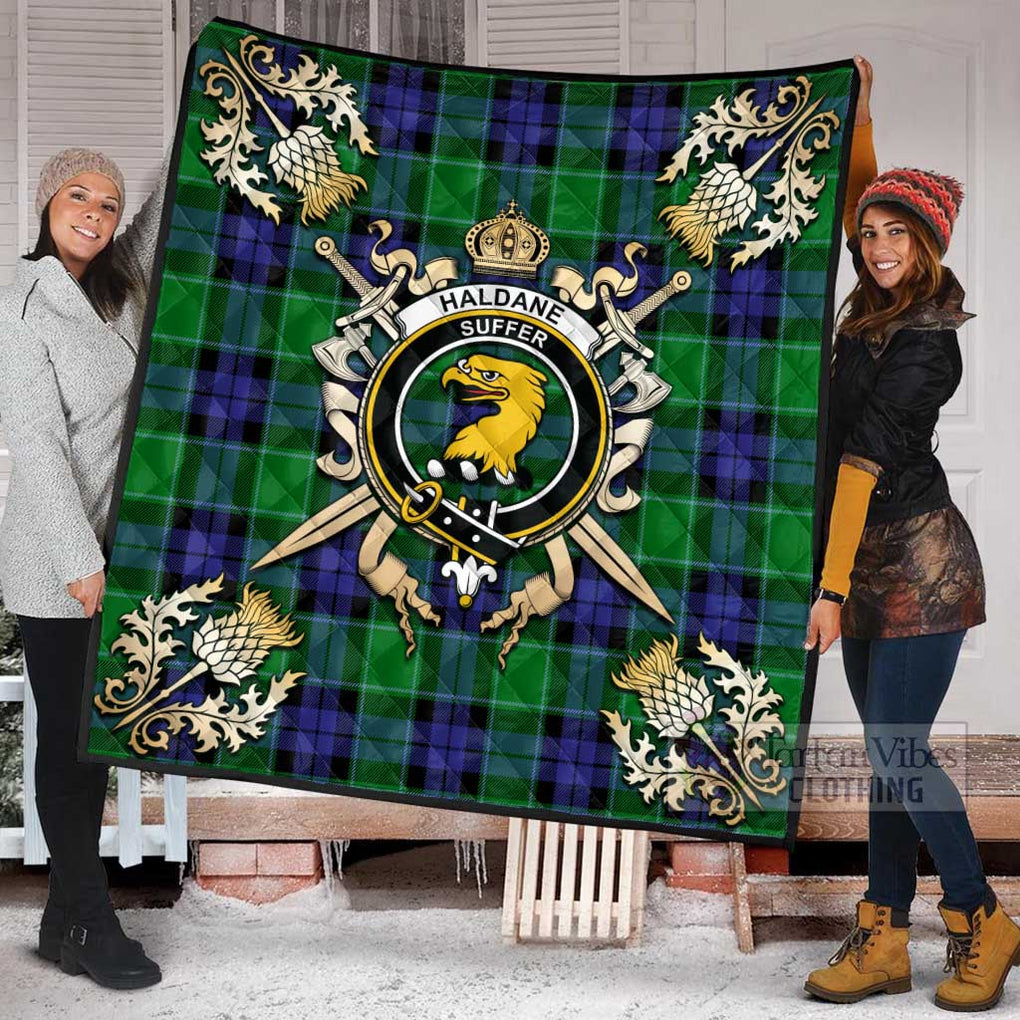 Tartan Vibes Clothing Haldane Tartan Quilt with Family Crest and Scottish Golden Courage Shield