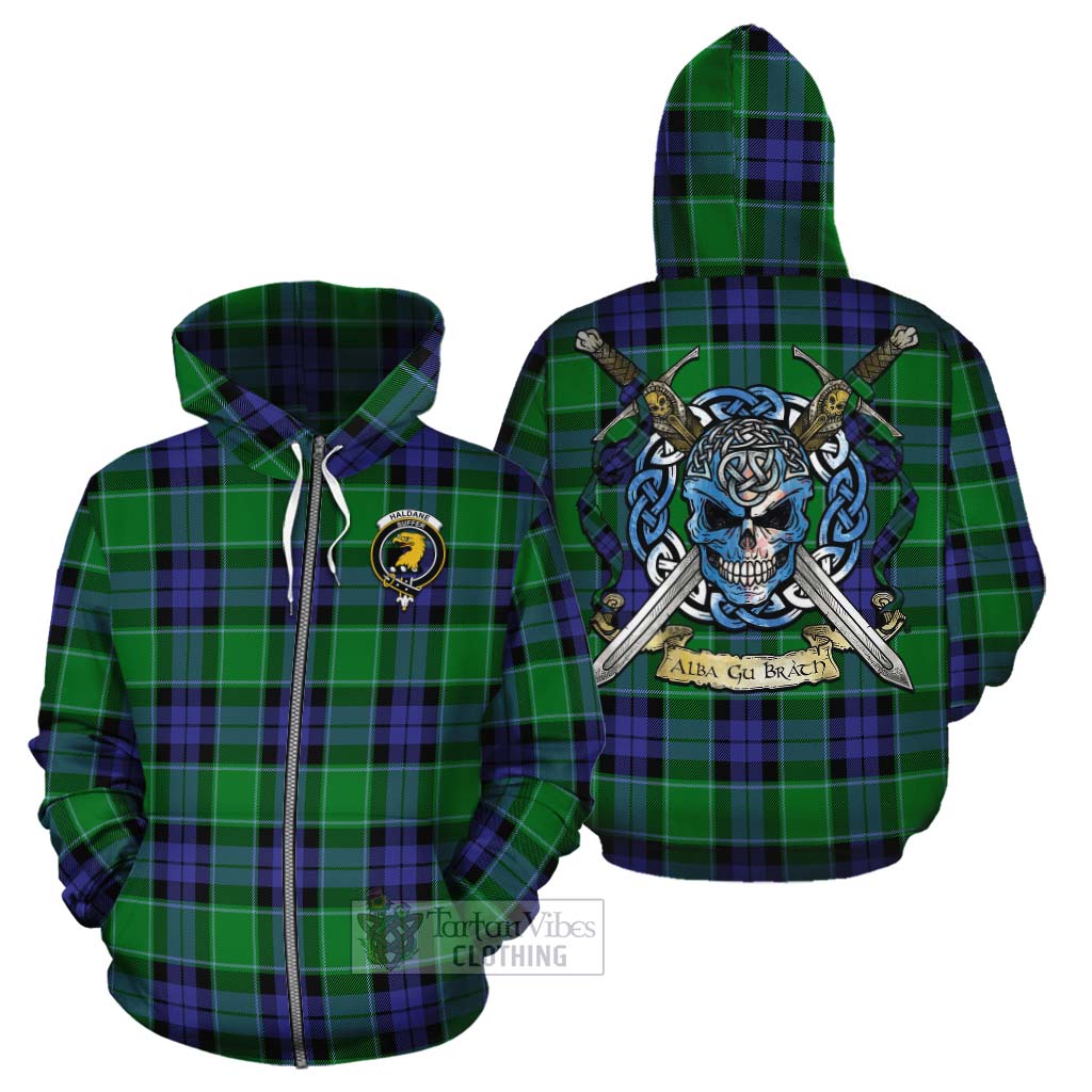 Tartan Vibes Clothing Haldane Tartan Cotton Hoodie with Family Crest Celtic Skull Style