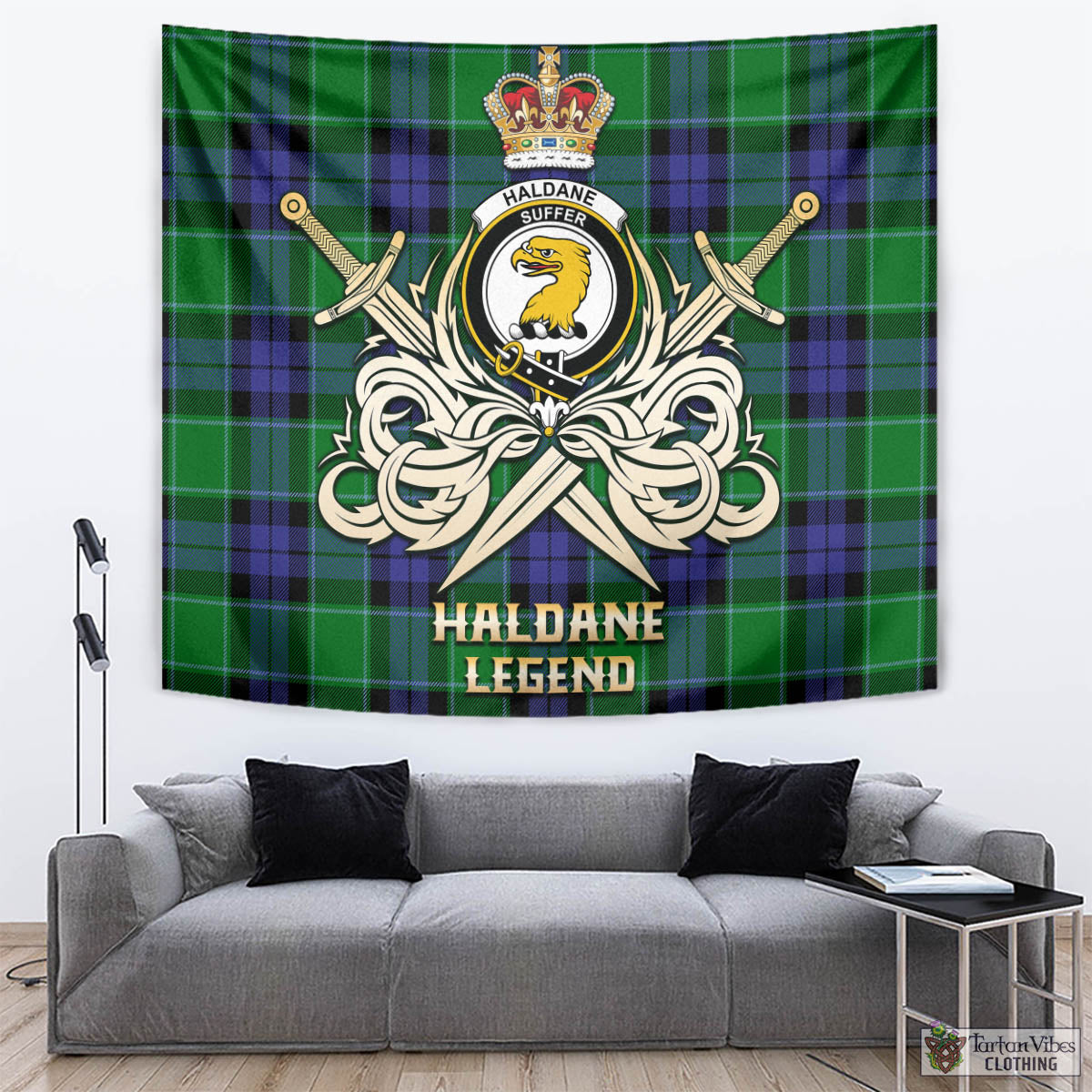 Tartan Vibes Clothing Haldane Tartan Tapestry with Clan Crest and the Golden Sword of Courageous Legacy