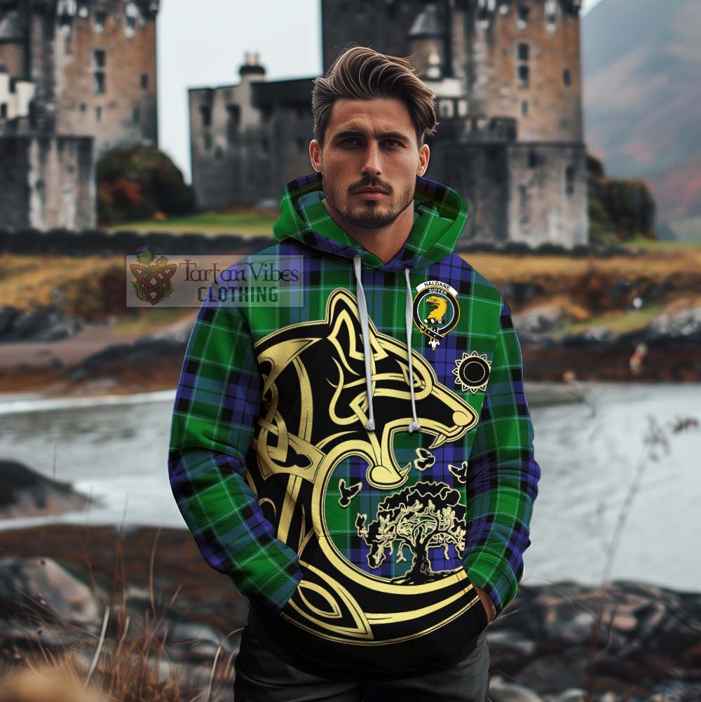 Tartan Vibes Clothing Haldane Tartan Cotton Hoodie with Family Crest Celtic Wolf Style