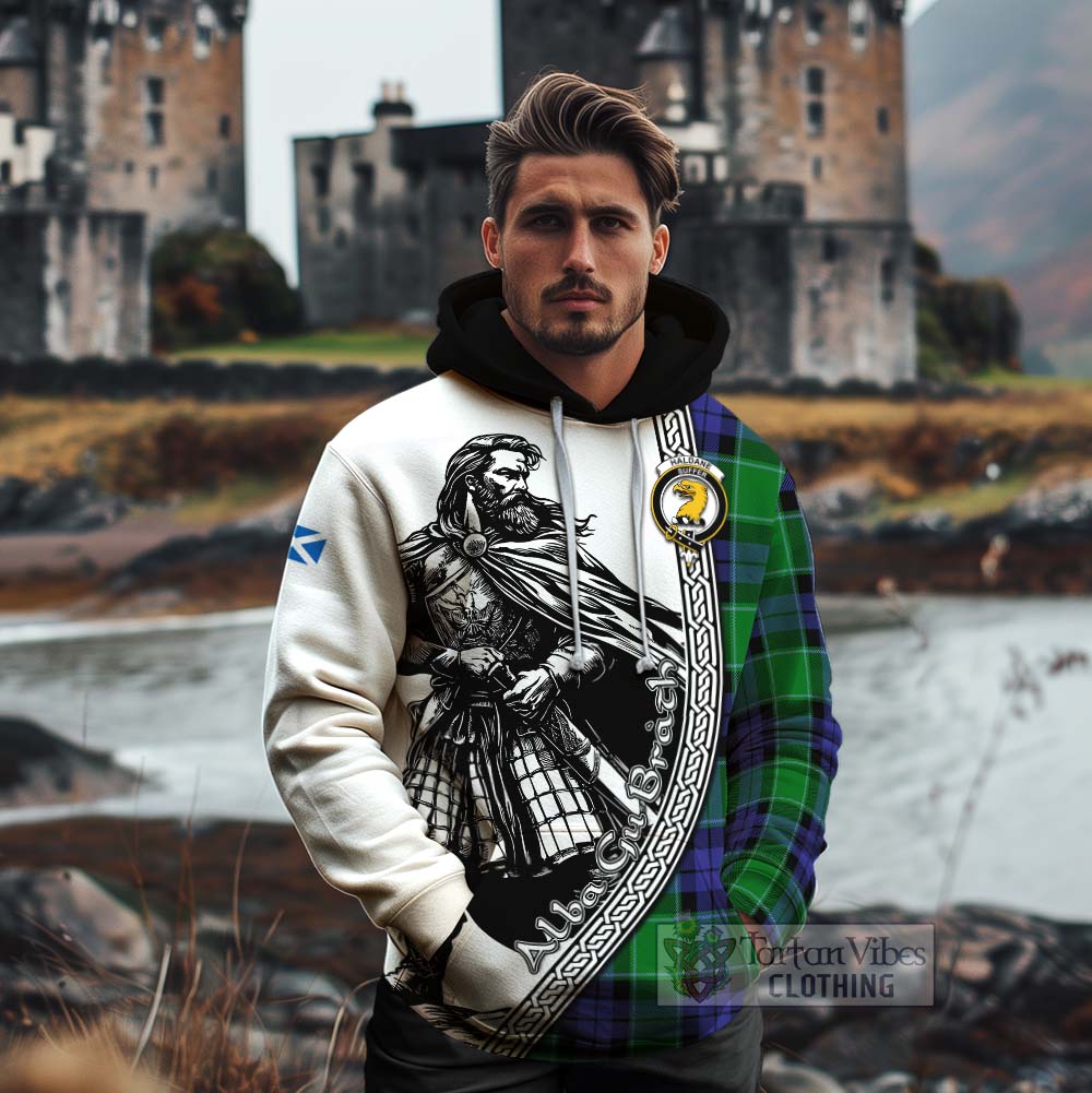 Tartan Vibes Clothing Haldane Tartan Clan Crest Cotton Hoodie with Highlander Warrior Celtic Style