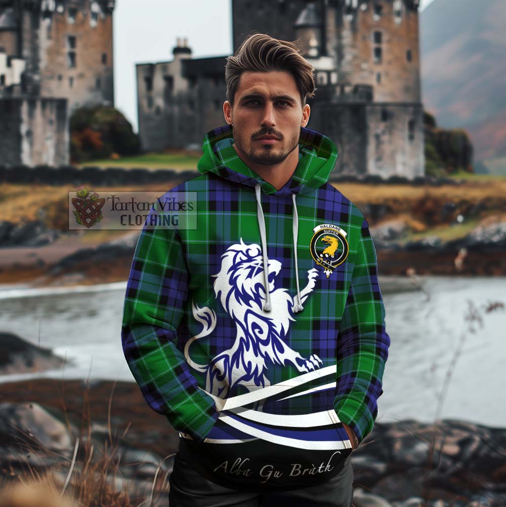 Tartan Vibes Clothing Haldane Tartan Cotton Hoodie with Alba Gu Brath Regal Lion Emblem