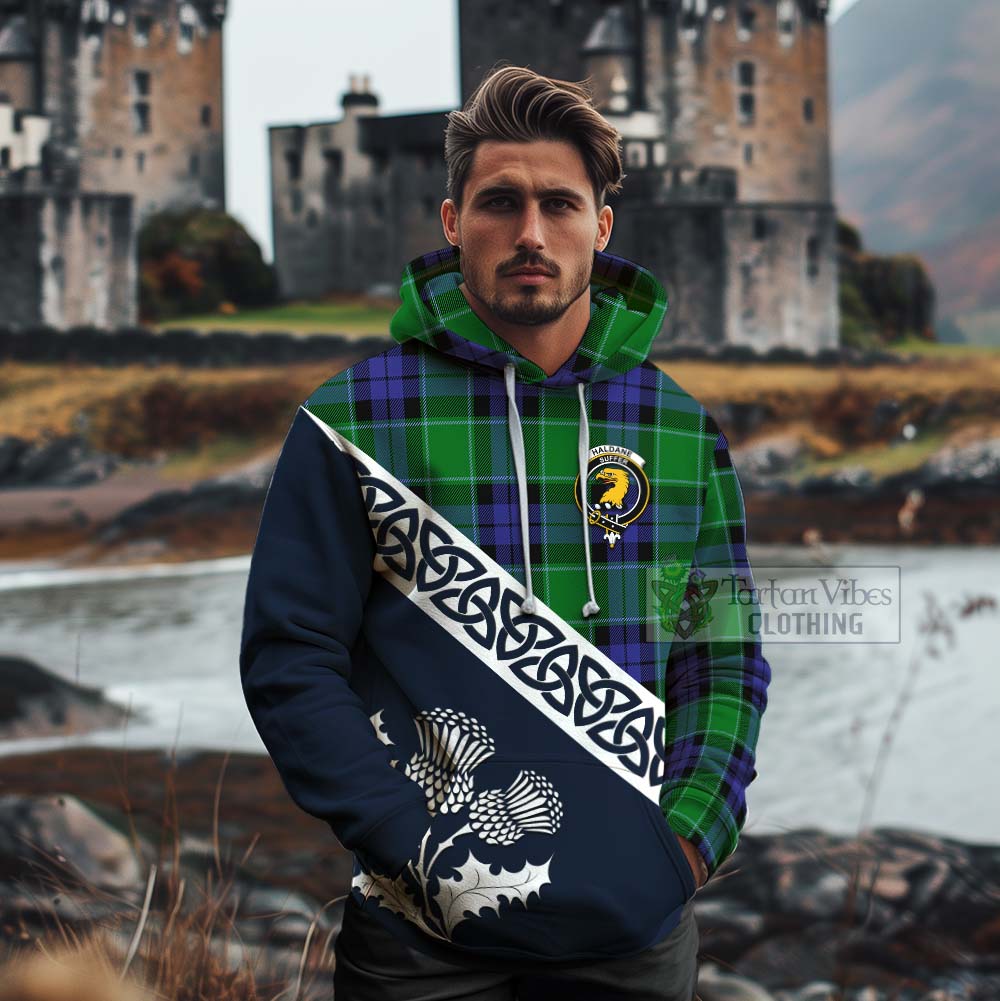 Tartan Vibes Clothing Haldane Tartan Cotton Hoodie Featuring Thistle and Scotland Map