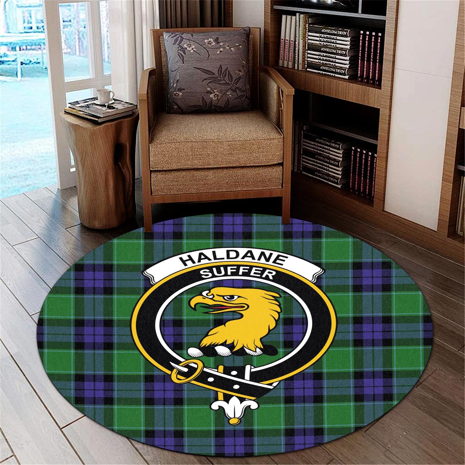 haldane-tartan-round-rug-with-family-crest