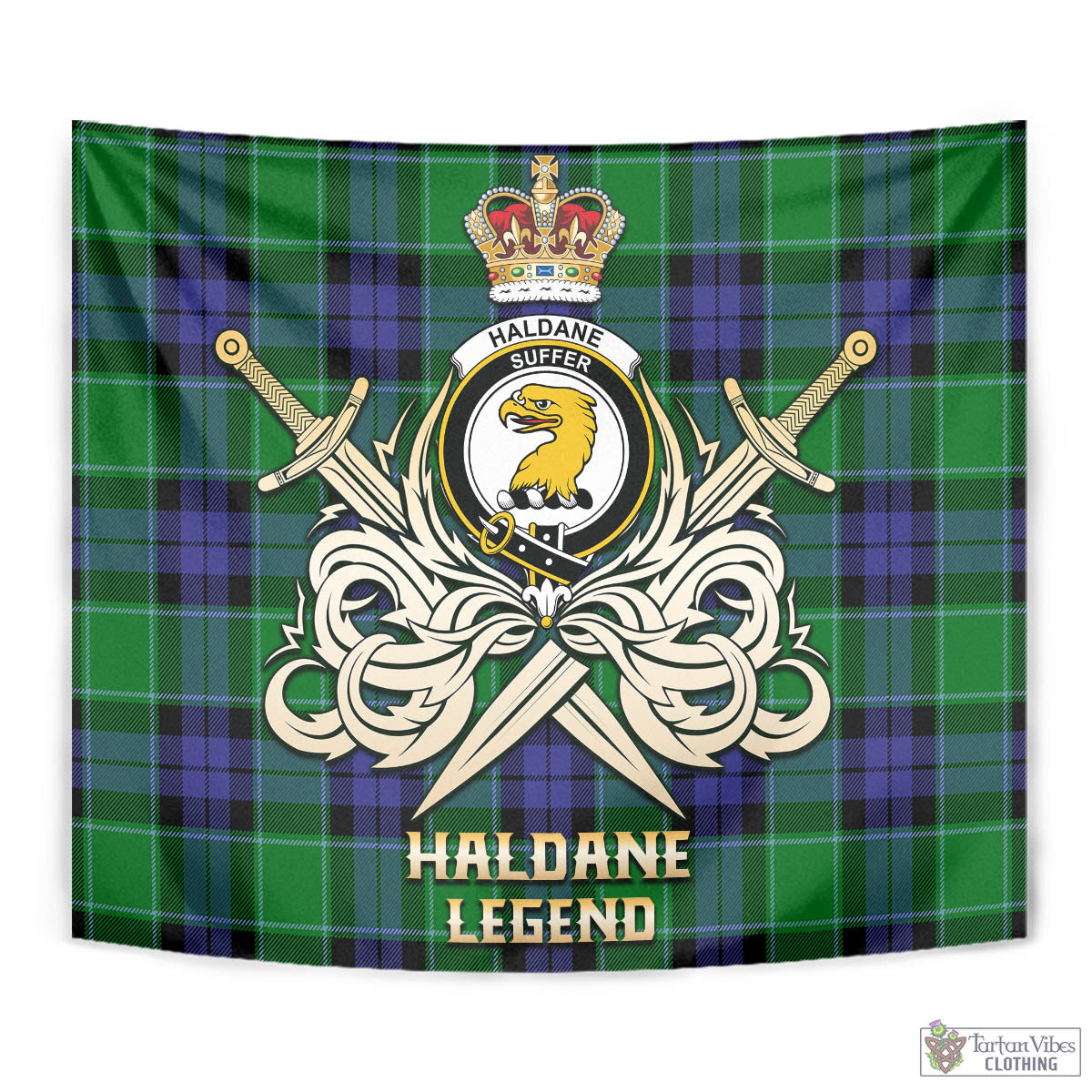 Tartan Vibes Clothing Haldane Tartan Tapestry with Clan Crest and the Golden Sword of Courageous Legacy