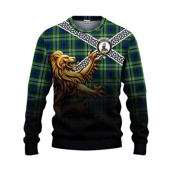 Haliburton Crest Tartan Knitted Sweater with Golden Lion Emblem Celtic Style Unisex - Tartan Vibes Clothing