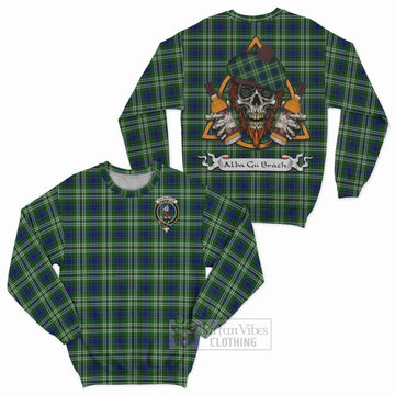 Haliburton Tartan Sweatshirt with Family Crest and Bearded Skull Holding Bottles of Whiskey