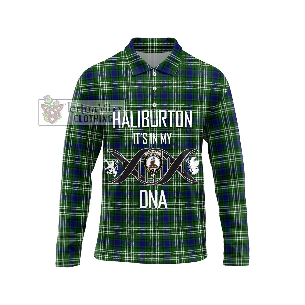 Haliburton Tartan Long Sleeve Polo Shirt with Family Crest DNA In Me Style Unisex - Tartanvibesclothing Shop