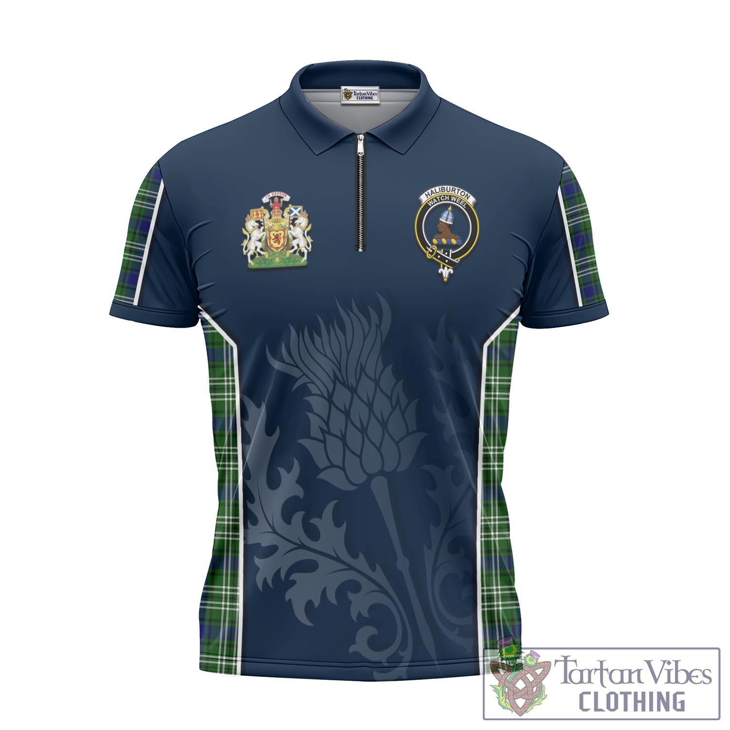 Tartan Vibes Clothing Haliburton Tartan Zipper Polo Shirt with Family Crest and Scottish Thistle Vibes Sport Style