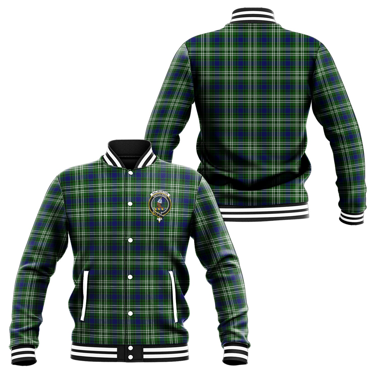 Haliburton Tartan Baseball Jacket with Family Crest Unisex - Tartan Vibes Clothing