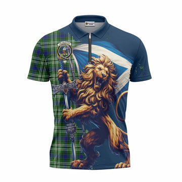 Haliburton Tartan Family Crest Zipper Polo Shirt with Scottish Majestic Lion