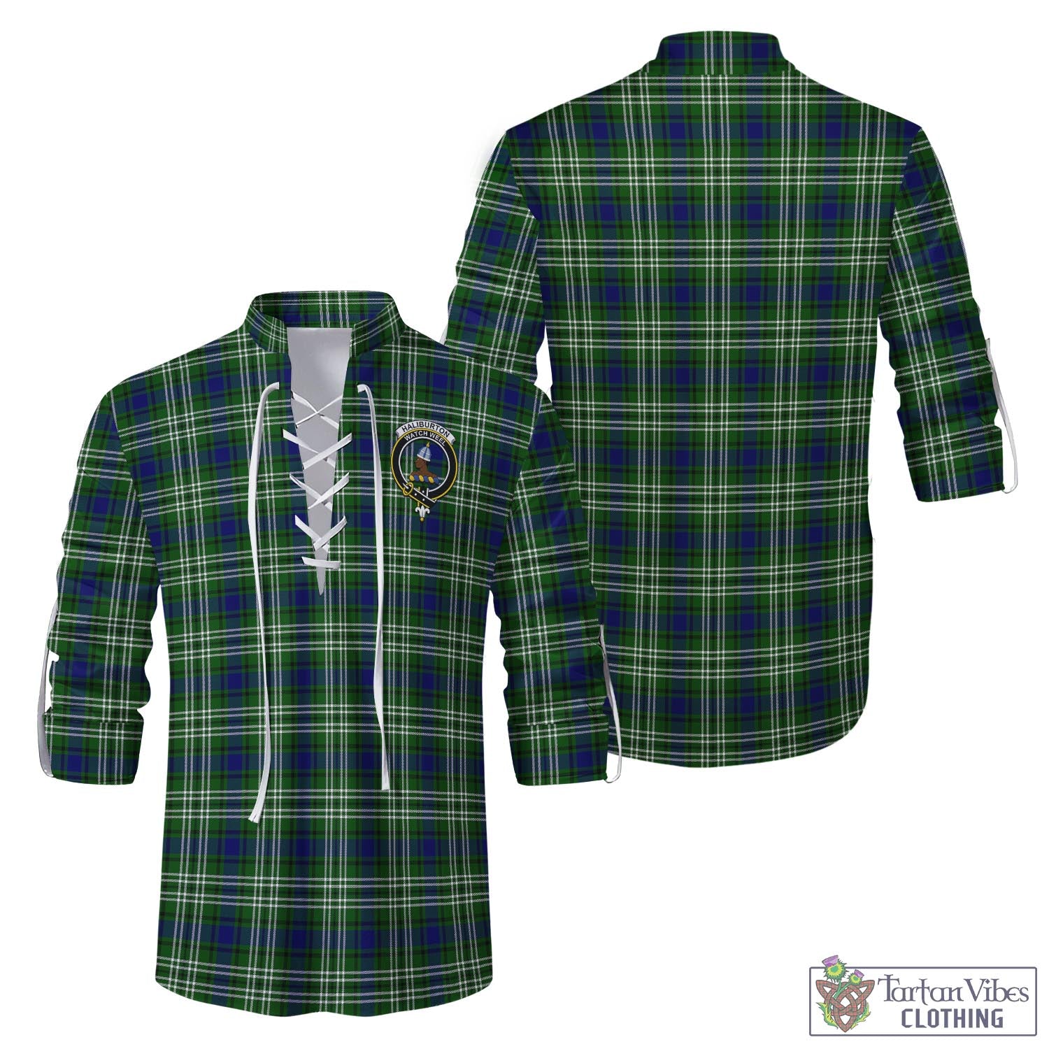 Tartan Vibes Clothing Haliburton Tartan Men's Scottish Traditional Jacobite Ghillie Kilt Shirt with Family Crest