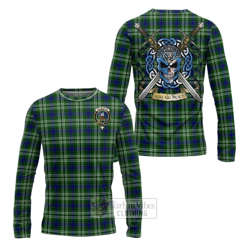 Tartan Vibes Clothing Haliburton Tartan Long Sleeve T-Shirt with Family Crest Celtic Skull Style