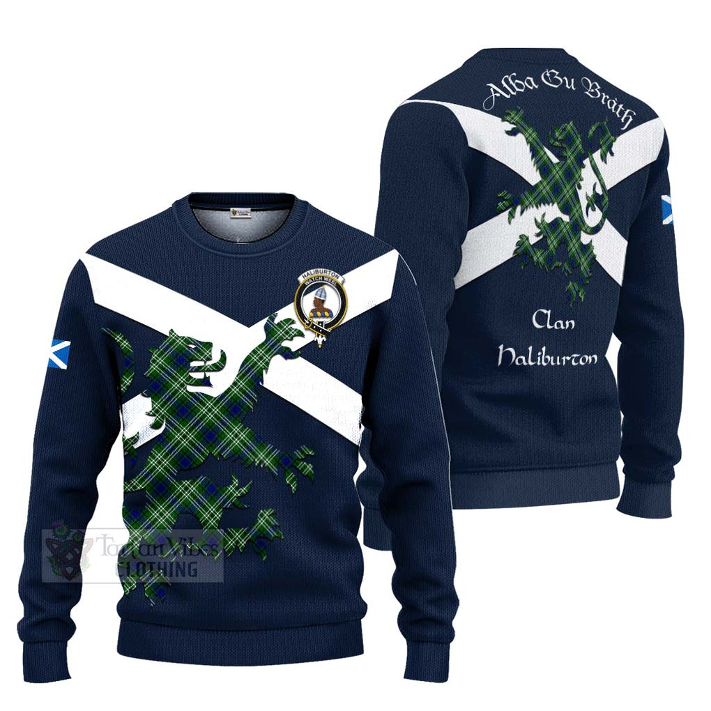 Tartan Vibes Clothing Haliburton Tartan Lion Rampant Knitted Sweater – Proudly Display Your Heritage with Alba Gu Brath and Clan Name