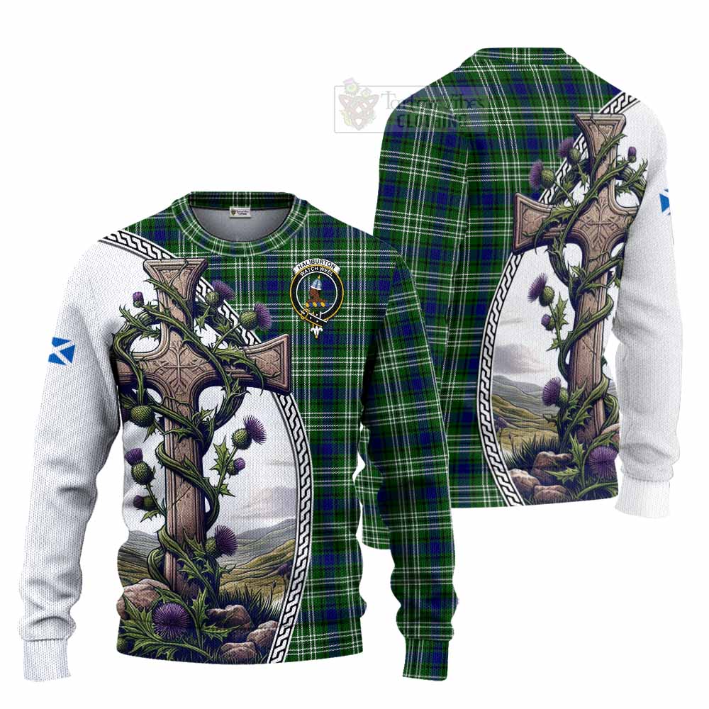 Tartan Vibes Clothing Haliburton Tartan Knitted Sweater with Family Crest and St. Andrew's Cross Accented by Thistle Vines