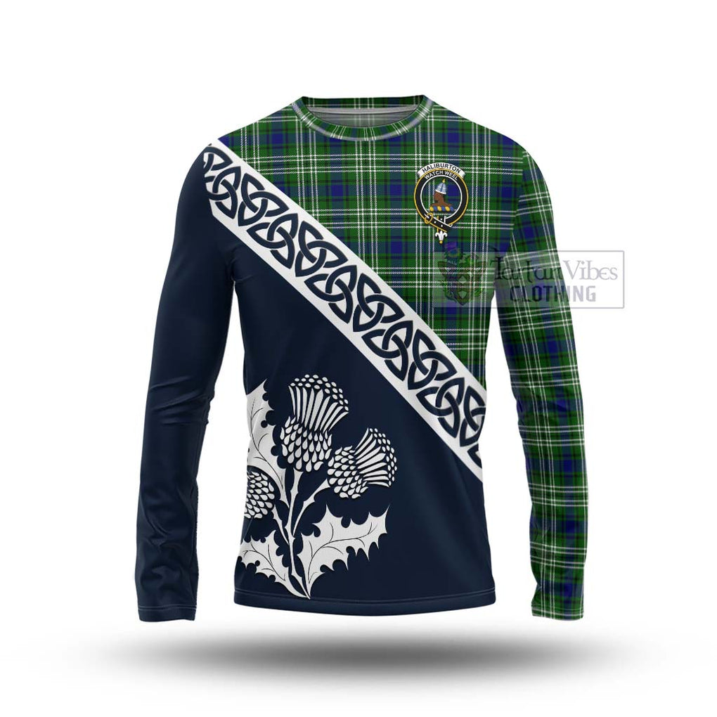 Tartan Vibes Clothing Haliburton Tartan Long Sleeve T-Shirt Featuring Thistle and Scotland Map