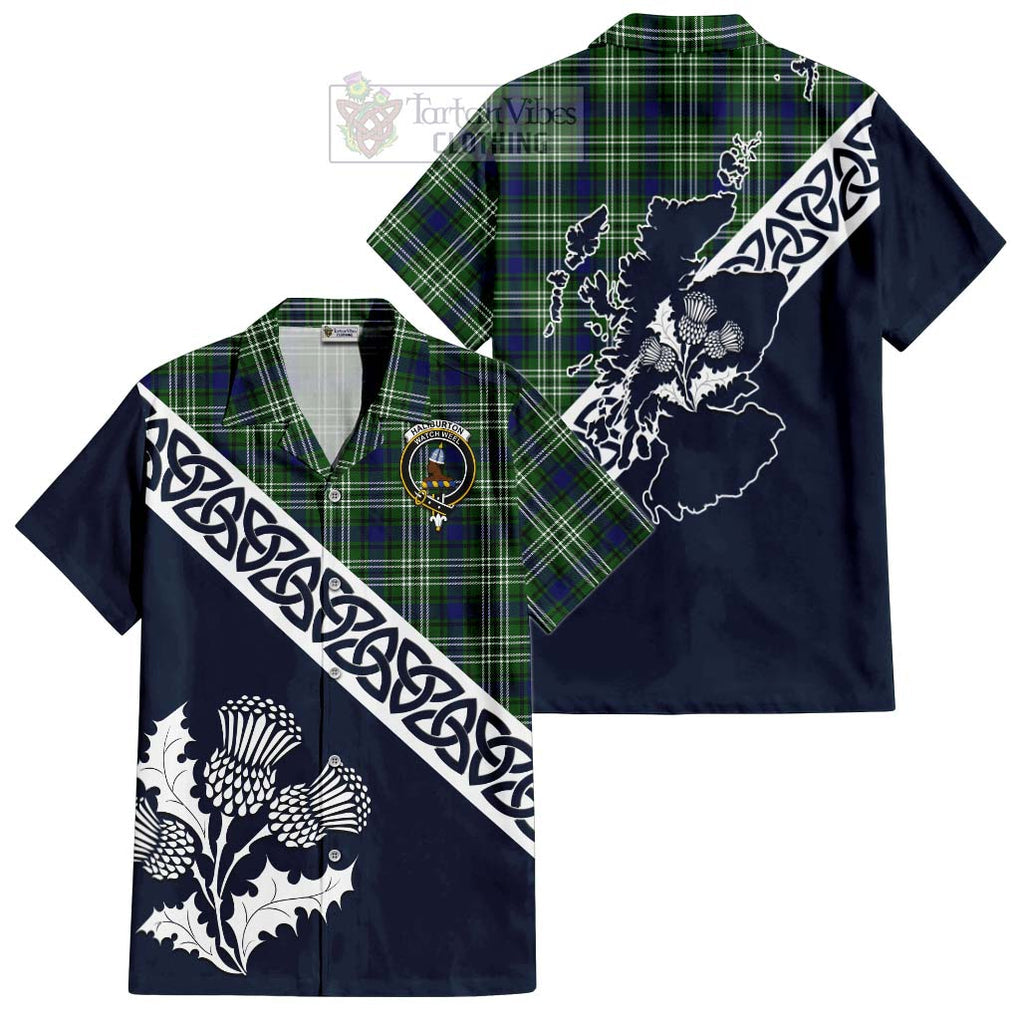 Tartan Vibes Clothing Haliburton Tartan Short Sleeve Button Shirt Featuring Thistle and Scotland Map