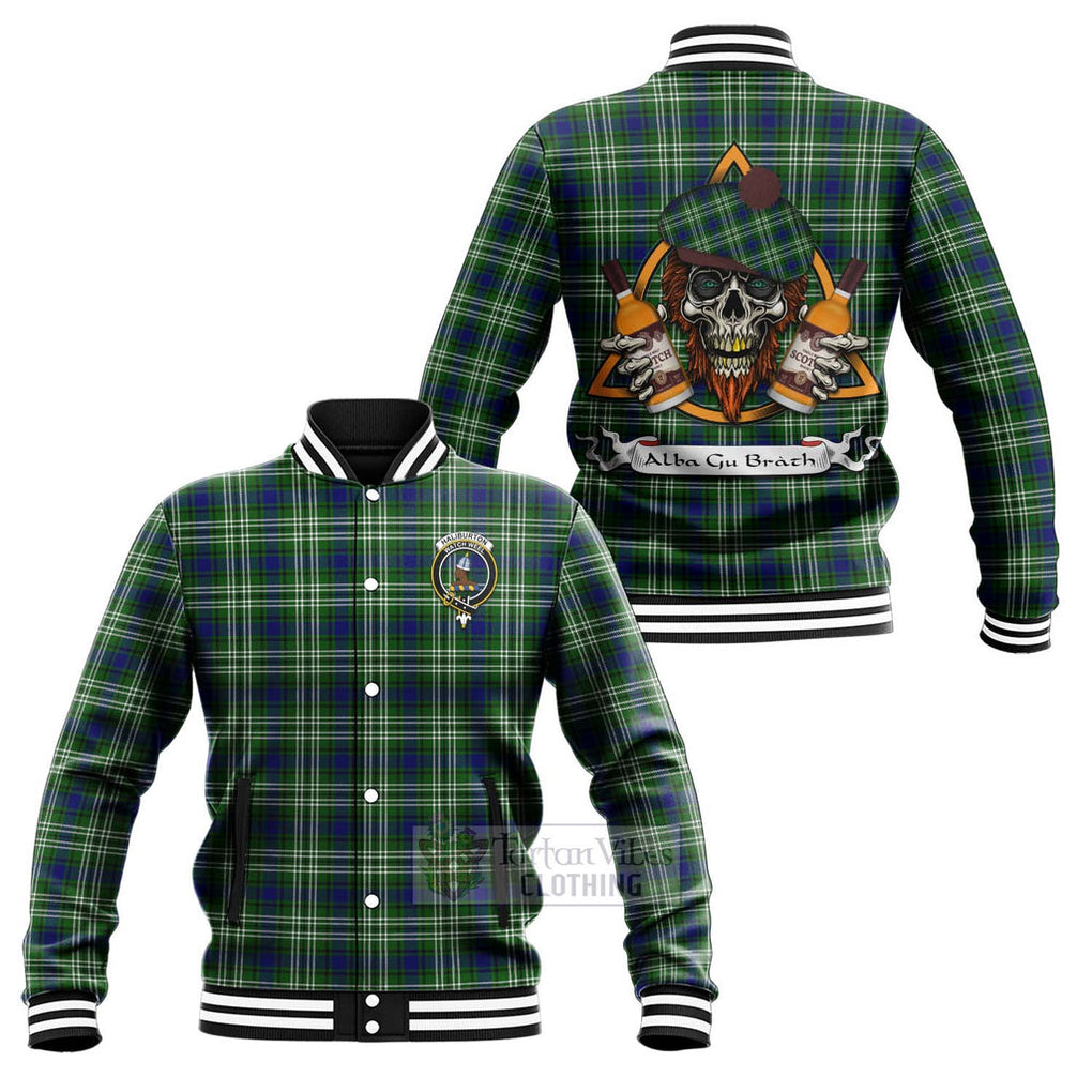 Tartan Vibes Clothing Haliburton Tartan Baseball Jacket with Family Crest and Bearded Skull Holding Bottles of Whiskey