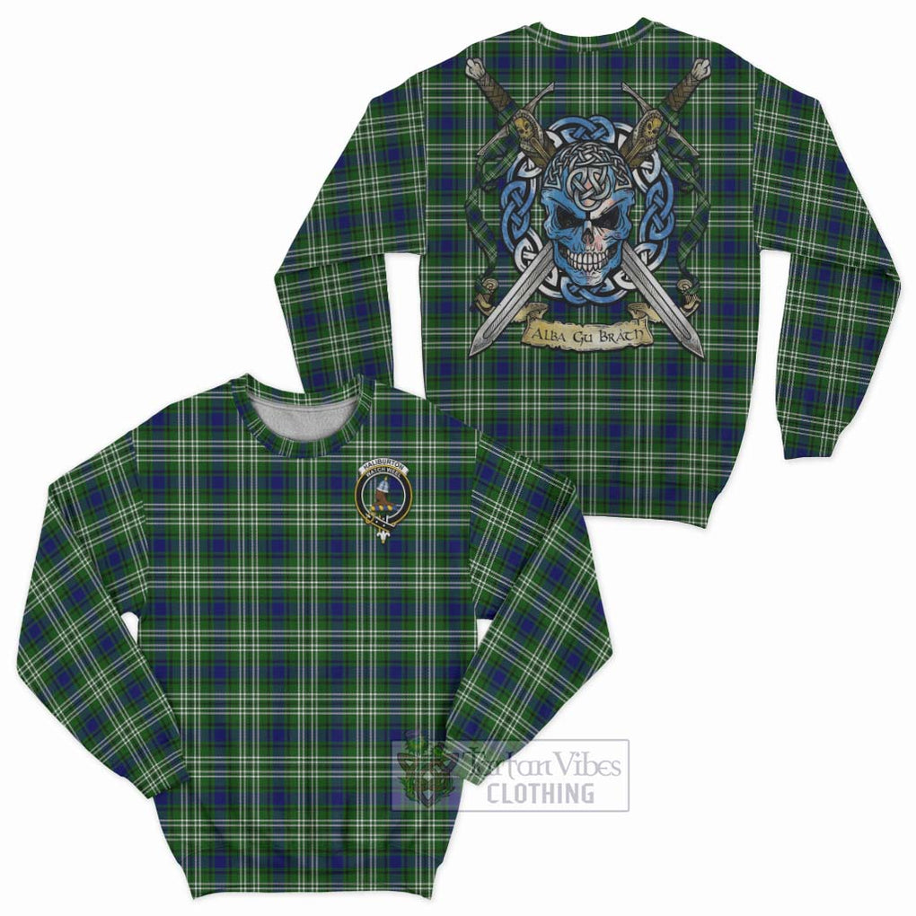 Tartan Vibes Clothing Haliburton Tartan Sweatshirt with Family Crest Celtic Skull Style