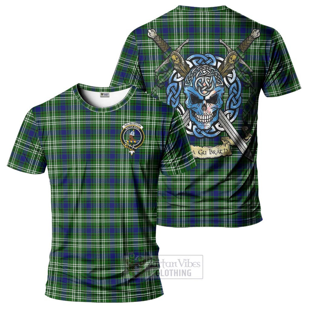 Tartan Vibes Clothing Haliburton Tartan T-Shirt with Family Crest Celtic Skull Style